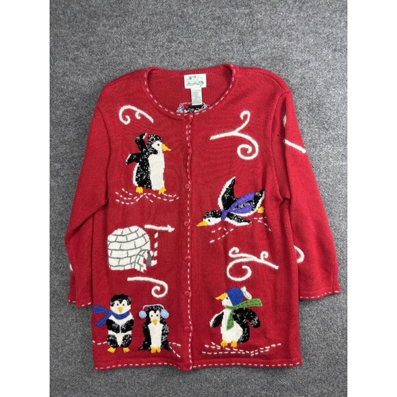 Vintage Quacker Factory Sweater Womens Large Penguin Igloo Winter Cardigan 90s - Picture 1 of 7